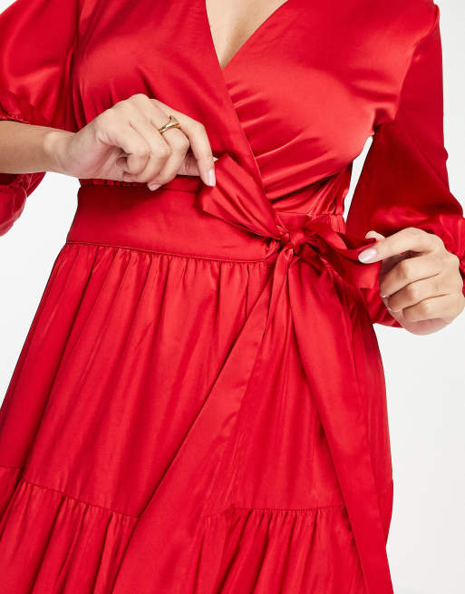 Y.A.S Bridesmaid maxi dress with cut out back and wrap front in red, 3 of 4