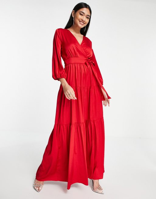 Y.A.S Bridesmaid maxi dress with cut out back and wrap front in red, 4 of 4