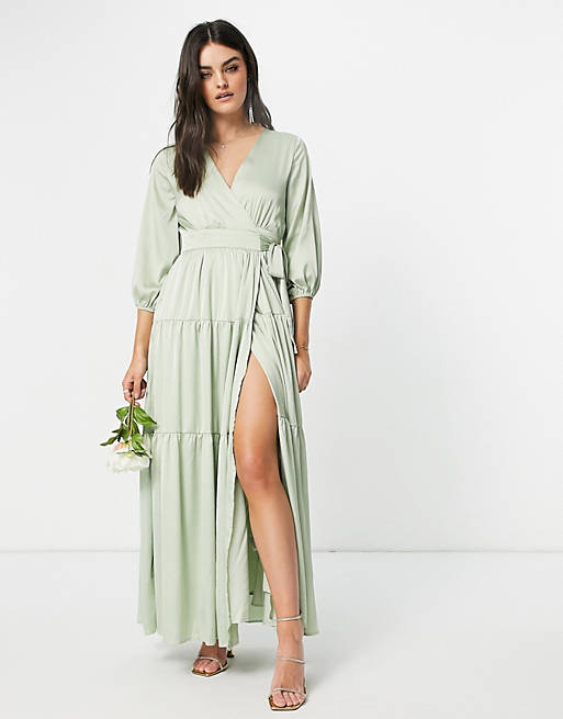 Women YAS Bridesmaid maxi dress with cut out back and wrap front in sage green 