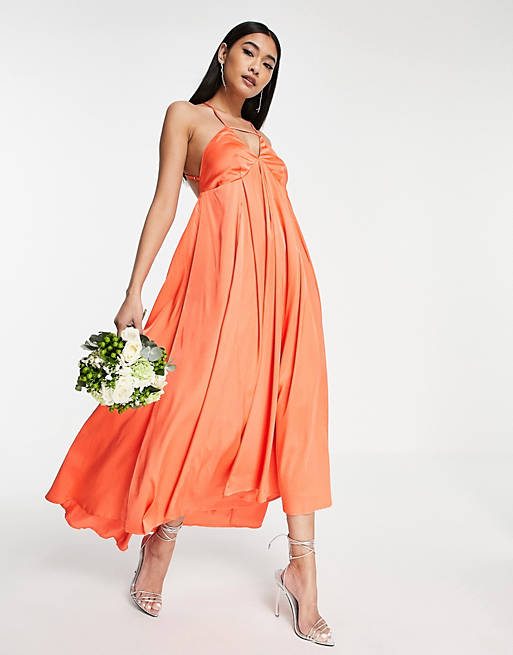 Y.A.S Bridesmaid maxi dress with plunge cross front in bright orange