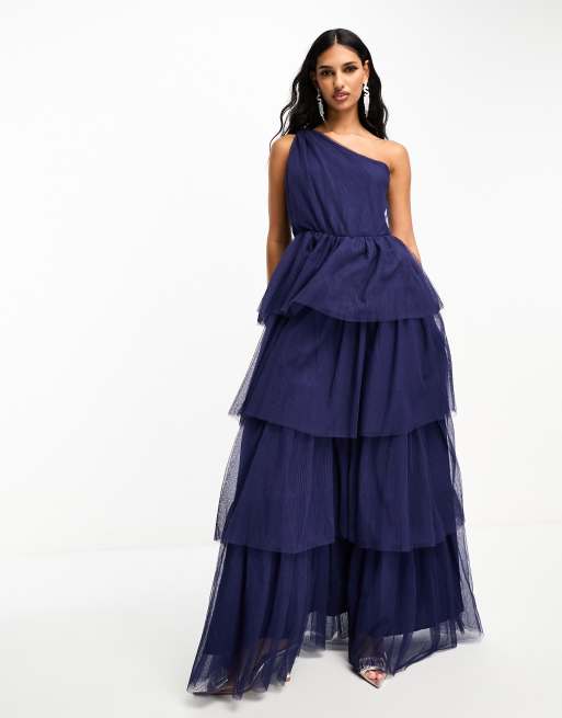 YAS Bridesmaid one shoulder tulle maxi dress in navy blue