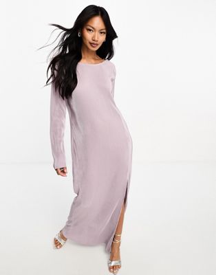 Y.a.s. Y.a.s Bridesmaid Plisse Long Sleeved Maxi Dress With Split In Lavender-purple