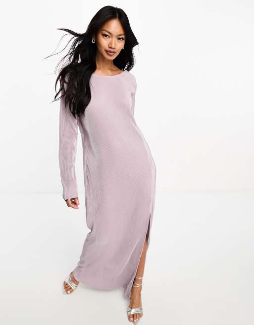 Y.A.S Bridesmaid plisse long sleeved maxi dress with split in lavender ASOS