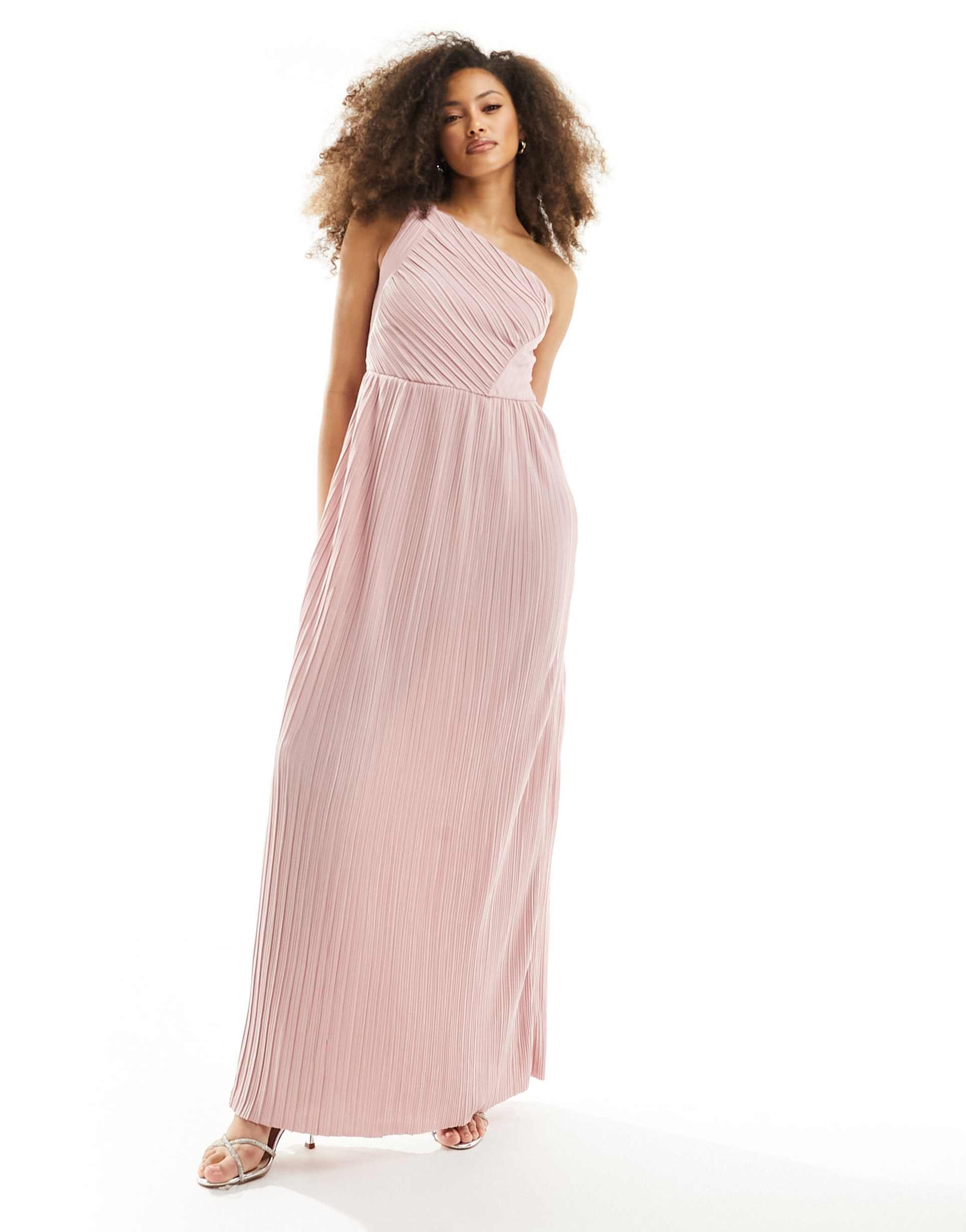 yas bridesmaid plisse one shoulder maxi dress in pink