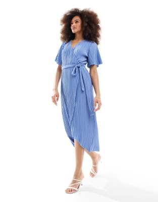 YAS YAS Bridesmaid plisse wrap midi dress in blue - LBLUE