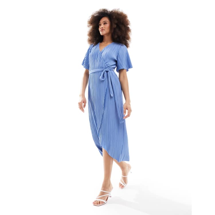 Y.A.S Bridesmaid plisse wrap midi dress in blue