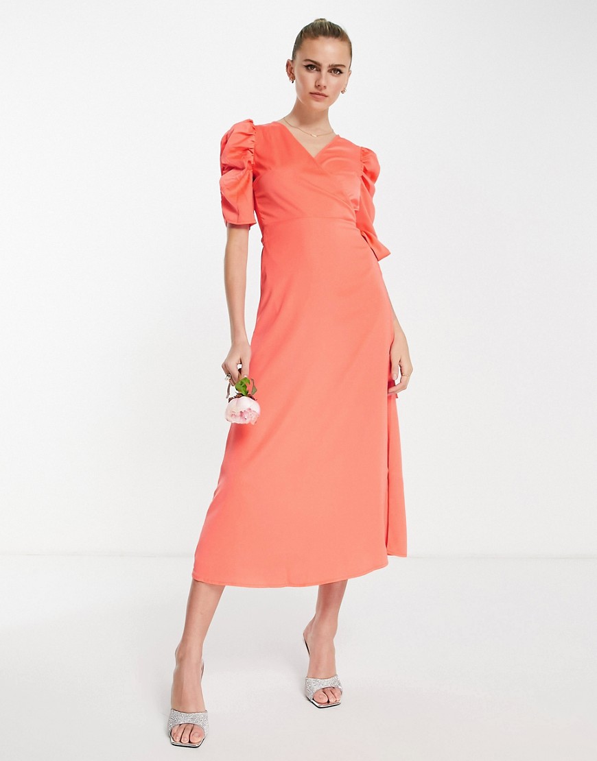 Y.a.s. Bridesmaid Puff Sleeve Wrap Front Midi Dress In Bright Orange