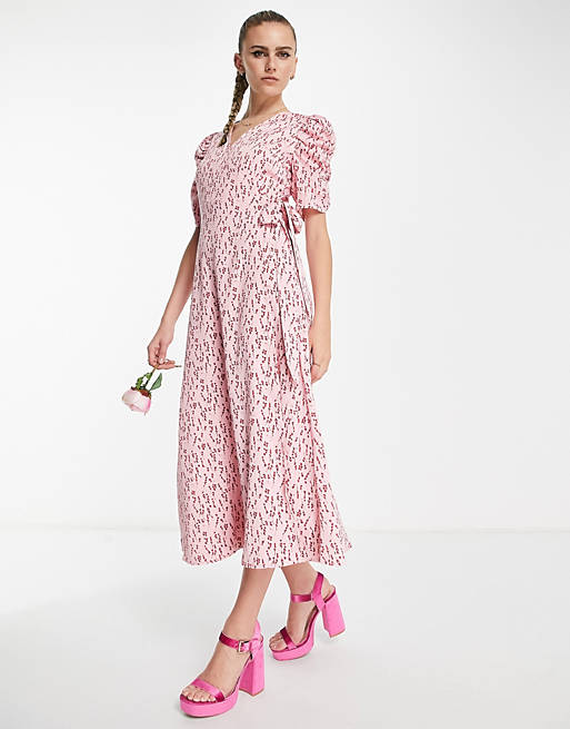  YAS Bridesmaid ruched sleeve wrap midi dress in pink & red floral 