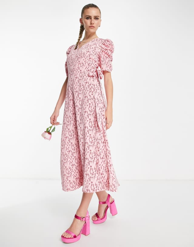 Y.A.S Bridesmaid ruched sleeve wrap midi dress in pink & red floral