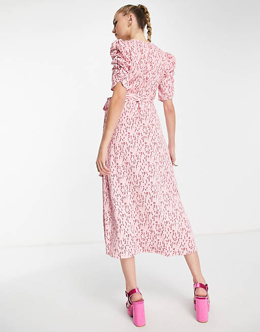  YAS Bridesmaid ruched sleeve wrap midi dress in pink & red floral 
