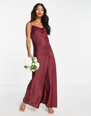 YAS Bridesmaid satin cami maxi dress in burgundy - BURGUNDY-Red