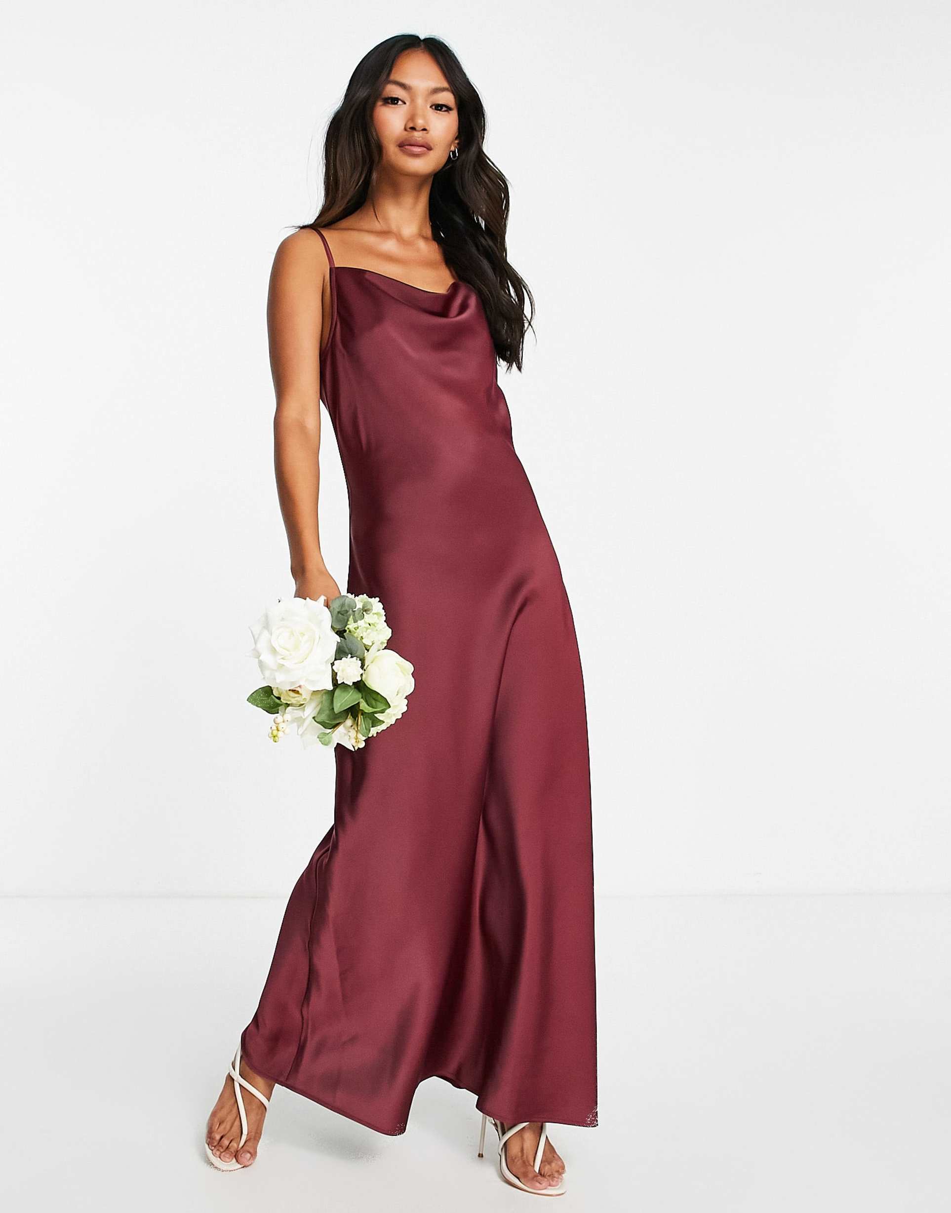 yas bridesmaid satin cami maxi dress in burgundy