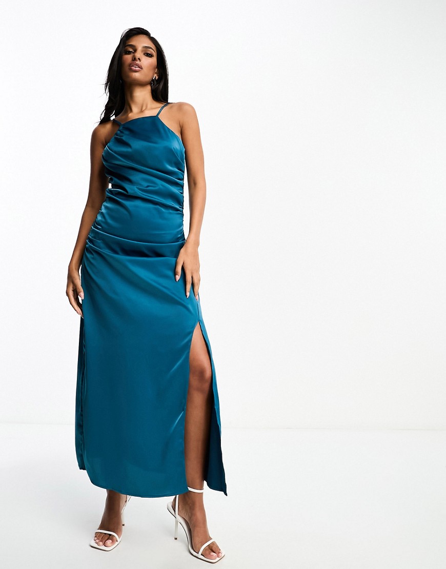 Y.a.s. Bridesmaid Satin Cami Maxi Dress With Ruching Detail In Deep Teal Green