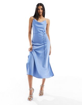 Y.A.S Bridesmaid satin maxi dress with tie waist detail in blue