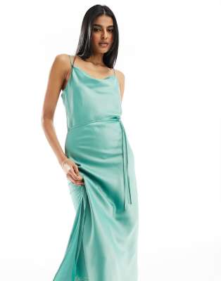 Y.A.S Bridesmaid satin maxi dress with tie waist detail in green