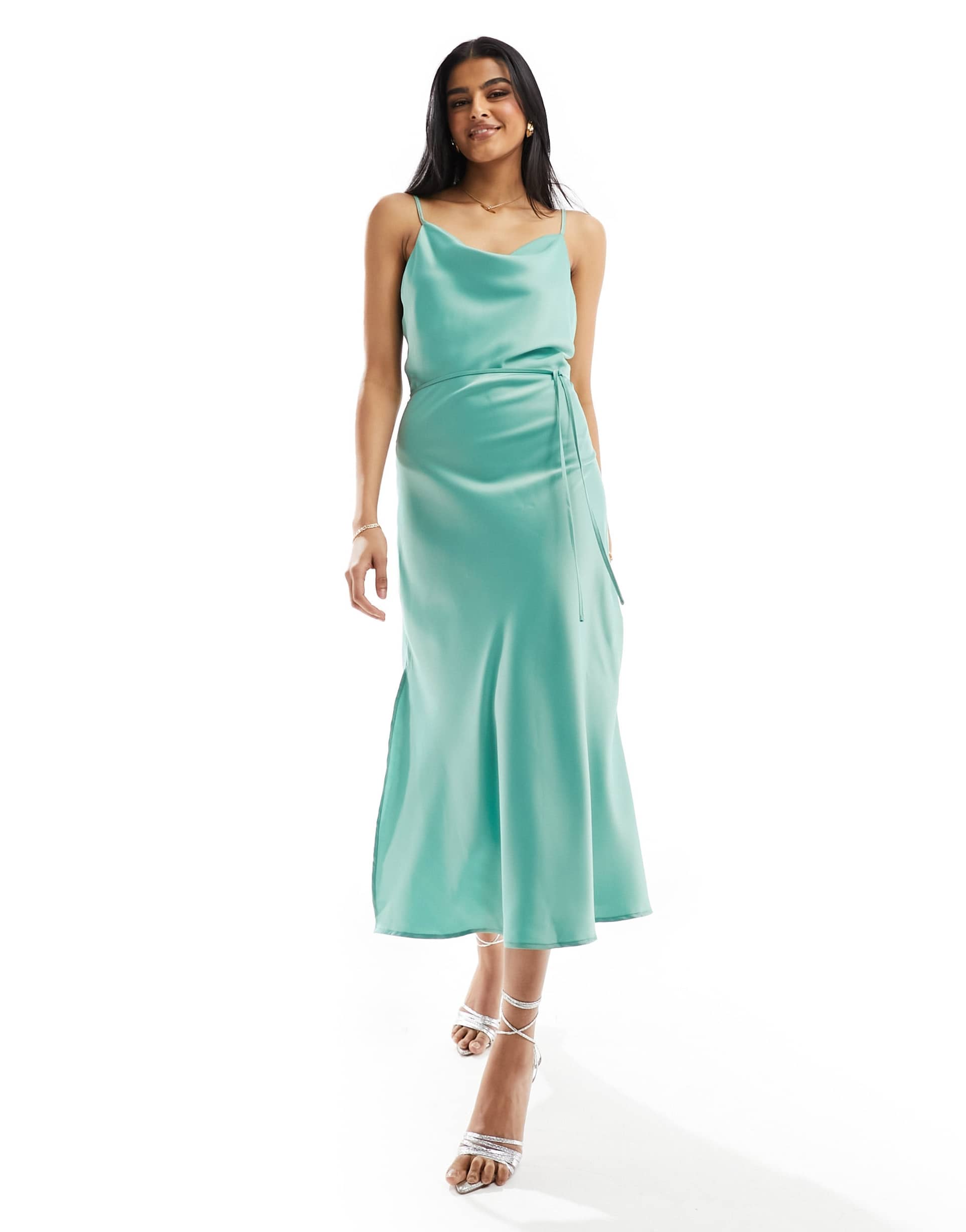 y.a.s bridesmaid satin maxi dress with tie waist detail in green