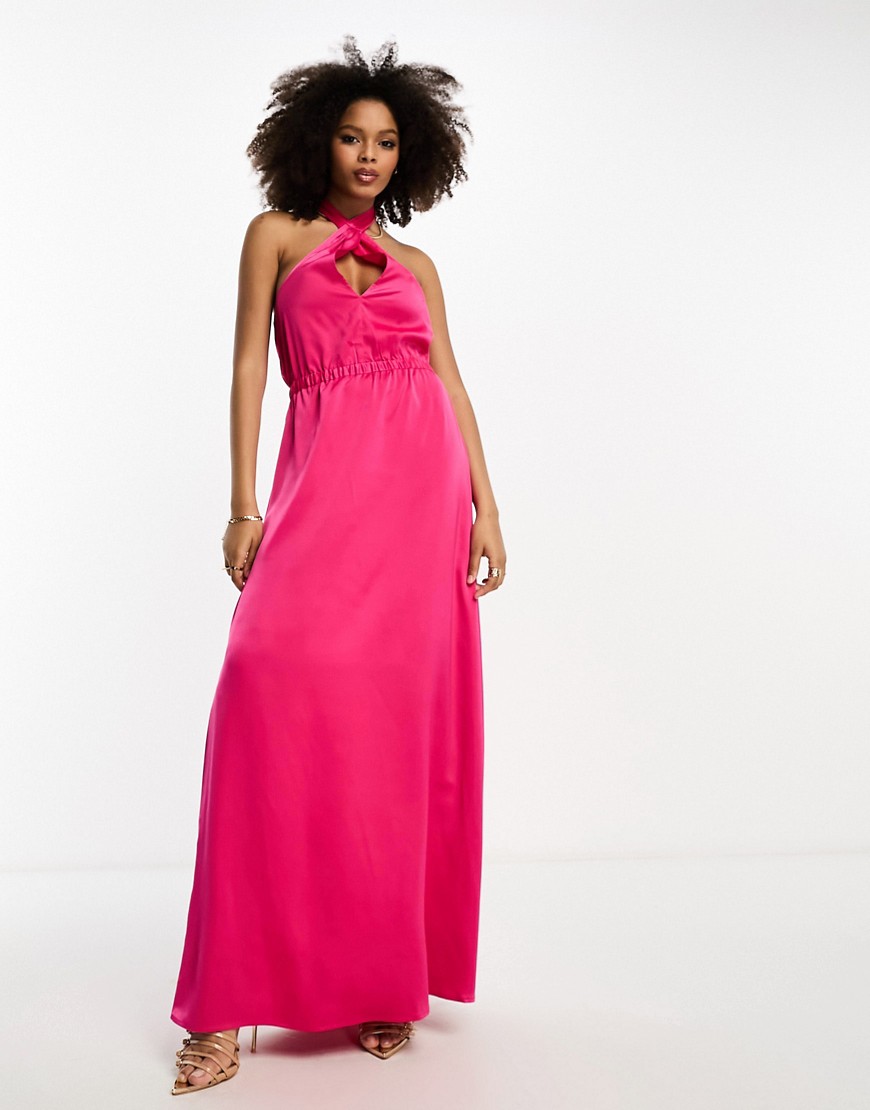 Y.a.s. Bridesmaid Satin Multiway Halterneck Maxi Dress In Vibrant Pink
