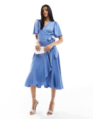 Y.a.s. Bridesmaid Plisse Wrap Midi Dress In Blue