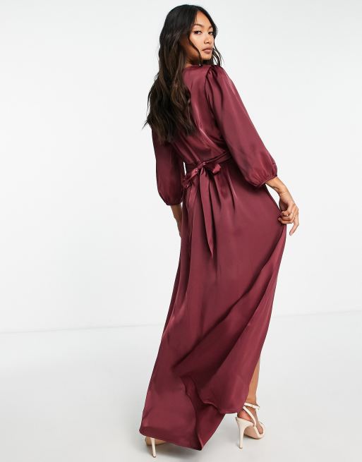 YAS Bridesmaid satin wrap midi dress in burgundy  - BURGUNDY, 2 of 4
