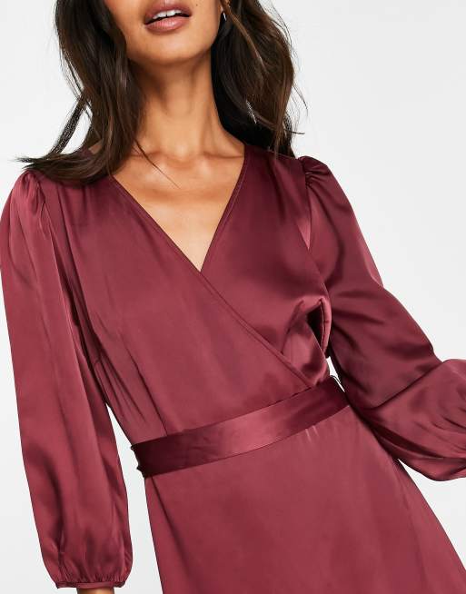 YAS Bridesmaid satin wrap midi dress in burgundy - BURGUNDY