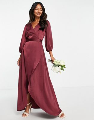 Y.A.S Bridesmaid satin wrap midi dress in burgundy