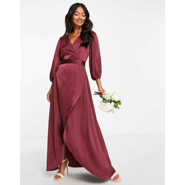 Y.A.S Bridesmaid satin wrap midi dress in burgundy