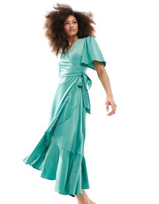 Y.A.S Bridesmaid satin wrap midi dress in green