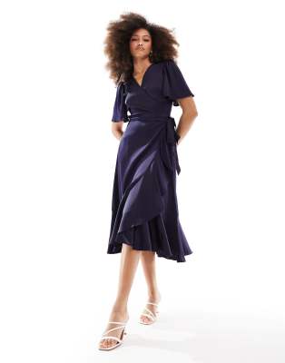 YAS Bridesmaid satin wrap midi dress in navy