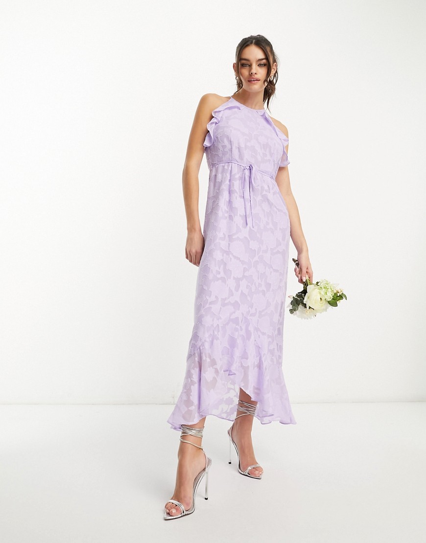 Y. A.S Bridesmaid textured halter neck maxi dress with drape ruffle in lilac-Purple