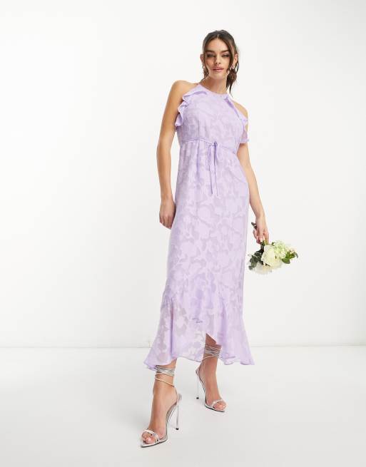 Y.A.S Bridesmaid textured halter neck maxi dress with drape ruffle in lilac