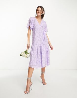 Y.A.S Bridesmaid textured wrap midi dress in lilac | ASOS