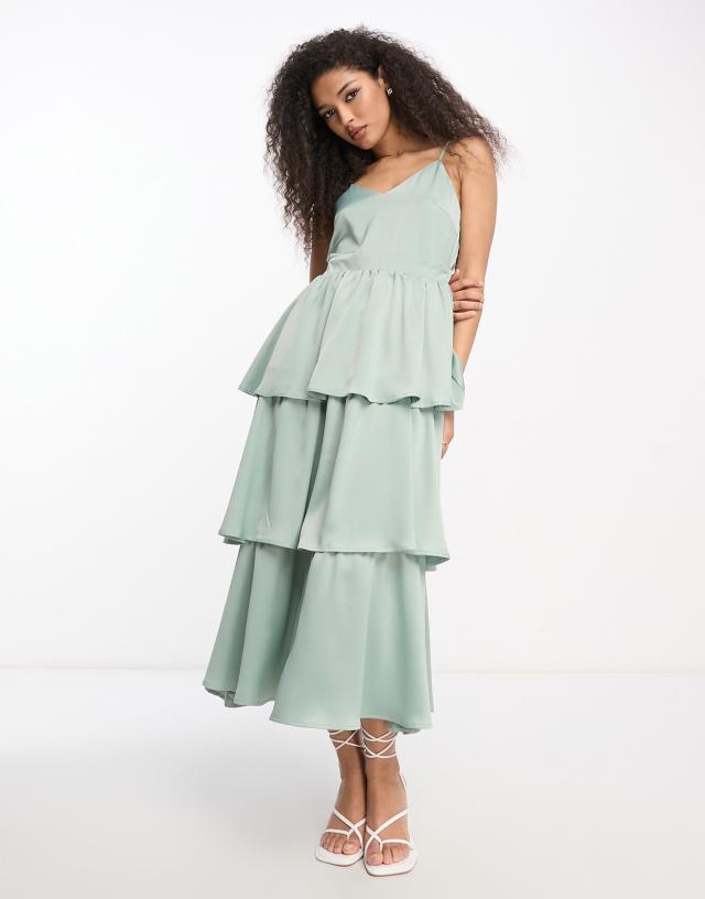 Y.A.S - bridesmaid tiered strappy midi dress in sage