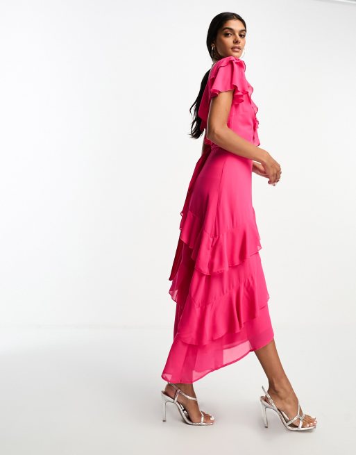 Y.A.S Bridesmaid wrap frill detail maxi dress in vibrant pink, 3 of 4