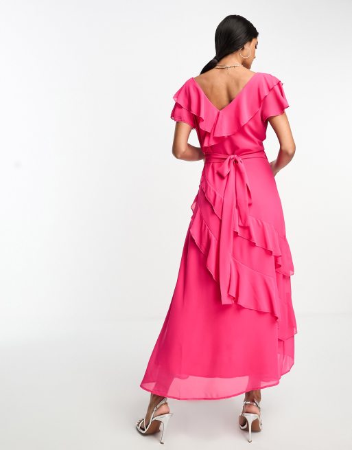Y.A.S Bridesmaid wrap frill detail maxi dress in vibrant pink, 4 of 4