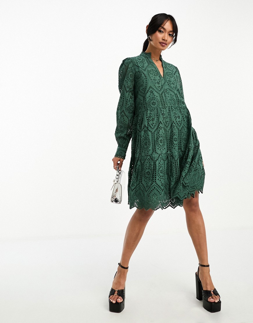 Y.a.s. Broderie Mini Smock Dress In Green