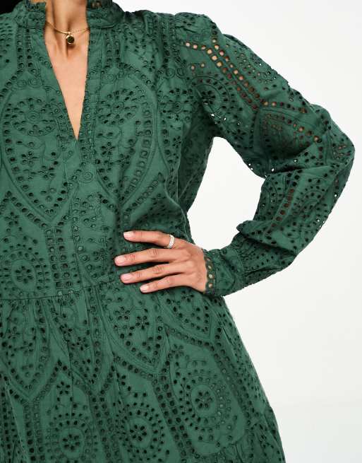 Y.A.S broderie mini smock dress in green | ASOS