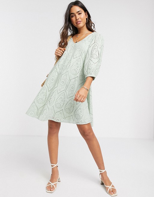 Y.A.S broderie mini smock dress with volume sleeve and v neck in green