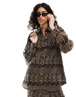 Y.A.S  broderie oversized shirt co-ord in black and deep beige