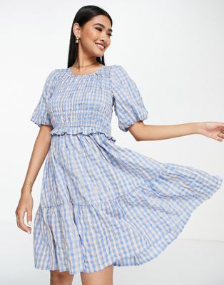 Y.A.S broderie scoop neck tiered mini dress in blue check | ASOS