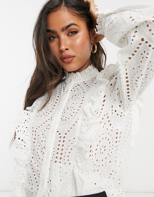 Y.A.S broderie shirt with high neck and frill detail in white