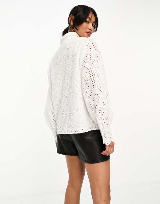 YAS broderie shirt with scalloped cuffs in white - WHITE, 3 of 4
