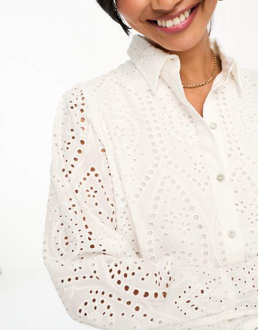 YAS broderie shirt with scalloped cuffs in white - WHITE, 4 of 4