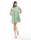 [YAS] YAS broderie short sleeve mini dress in light green S QUIET GREEN