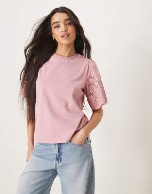 YAS broderie sleeve t-shirt in lilas pink-White