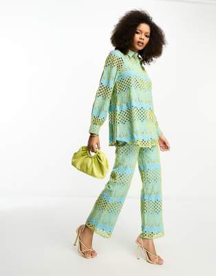 Y.A.S broderie wide leg pants in blue and yellow (part of a set)