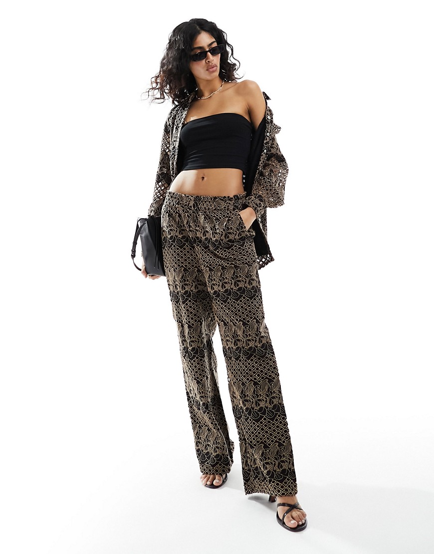 Y. A.S broderie wide leg trouser co-ord in black and deep beige-Multi
