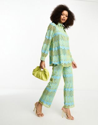 Y. A.S broderie wide leg trouser co-ord in blue and yellow