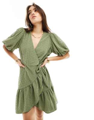 YAS broderie wrap mini dress in green