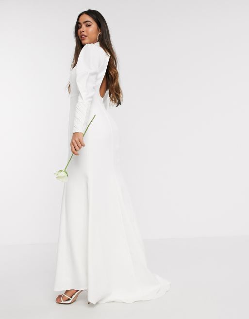 Y A S Brollop Vit Fishtail Klanning Med Hog Krage Och