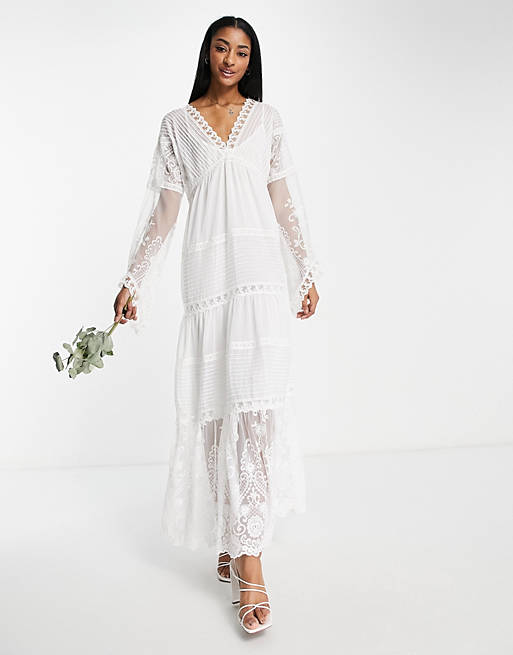 Y.A.S - Bruidskleding - Doorschijnende geborduurde lange jurk in wit
